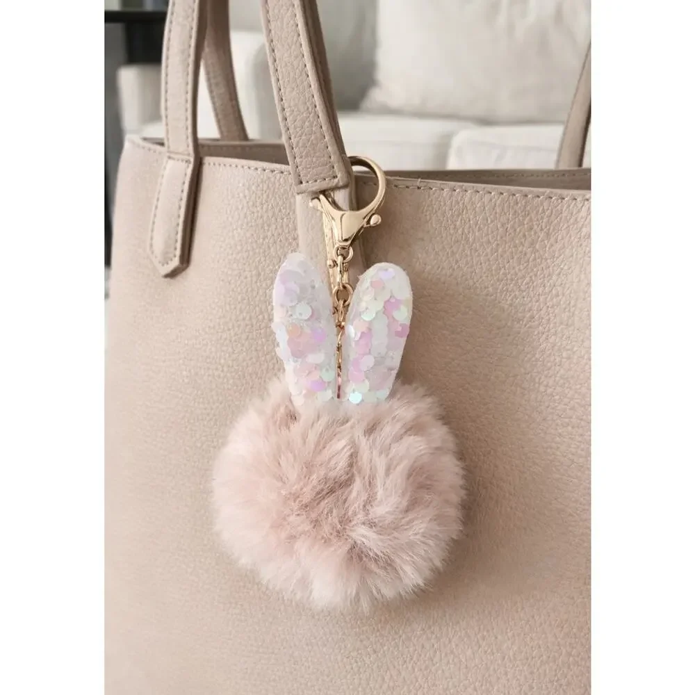 Fur Pom Pom Bunny Ear Tan Bag Charm Key Chain New